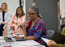 A woman smiling